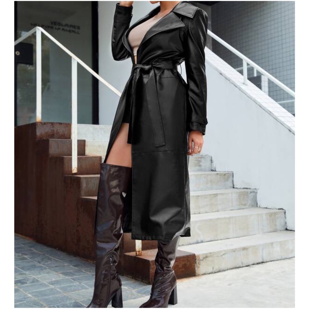 Luxe Black Vegan Leather Wide Collar Trench Coat Jacket - Picture 2 of 3
